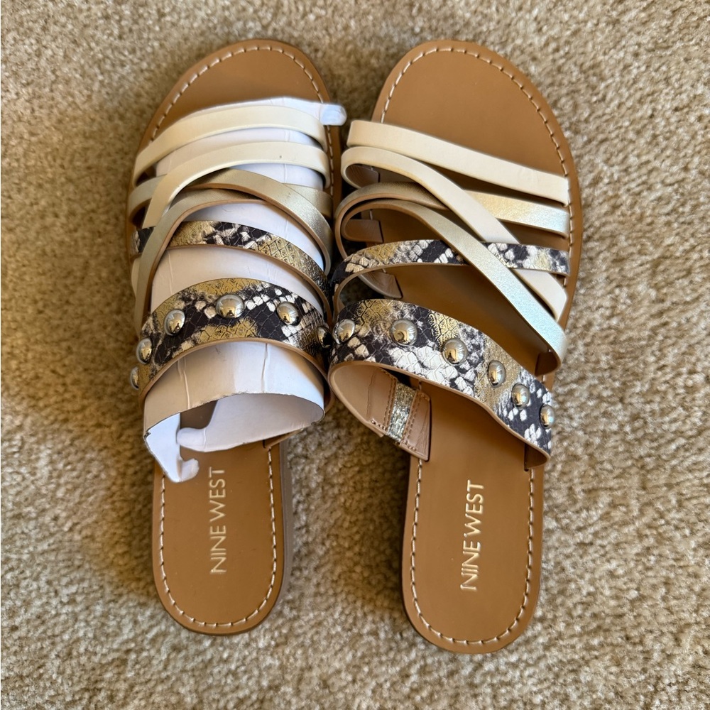 Nine West Women's Multi-Strap Sandals - Cream and Brown plus flip flops